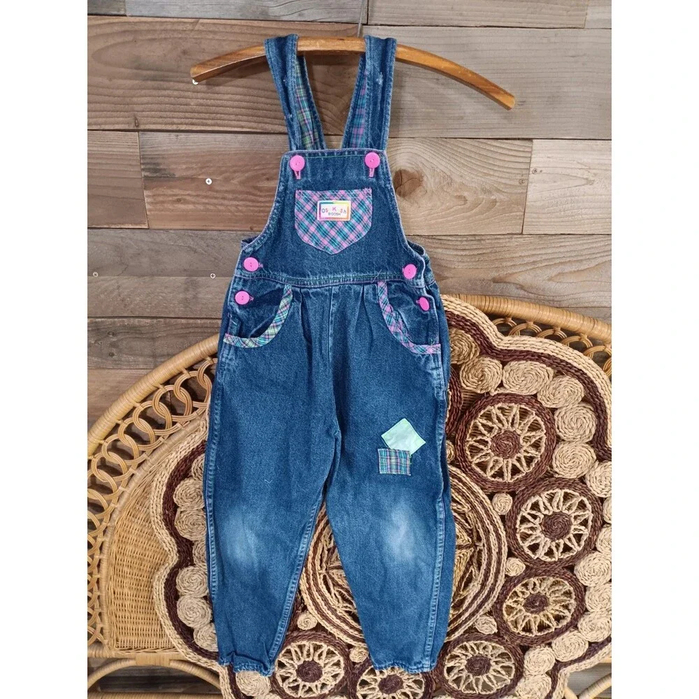 Vintage OshKosh B'Gosh Girls Vestbak Sz 6X Denim Overalls USA Patches Plaid Pink